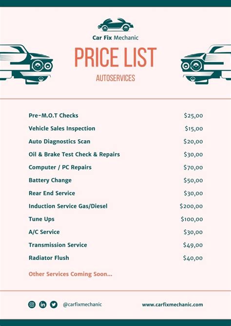 Mobile Mechanic Price List